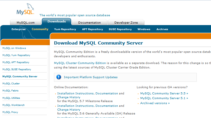 MySQLのダウンロードページ
